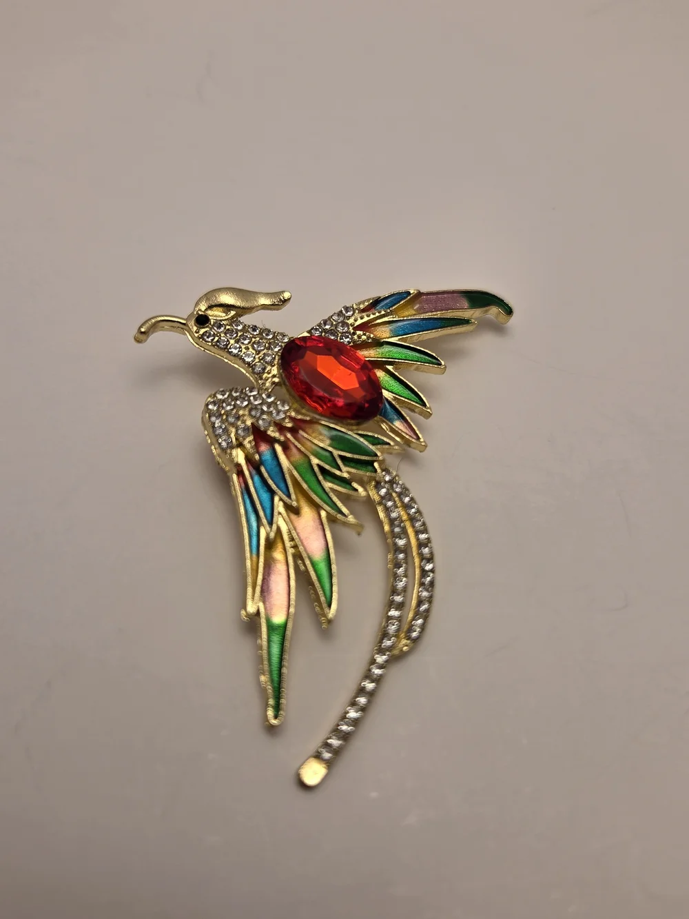 Gold-Tone Multicolor Bird Brooch with Red Center Gem